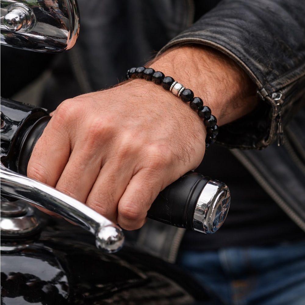 Hand Crafted Black Hematite Beaded Bracelet with Sterling Silver Accent Unisex